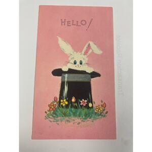 Vintage 1950s Bunny in Top Hat Greeting Card “Hello!” Pink Mid-Century – Unused